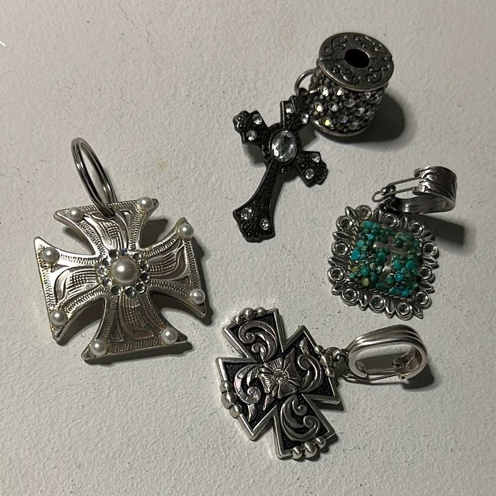 Silver toned bling western Turquoise Cross chunky Pendants